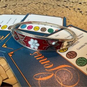 Vintage ALPACA Silver Flower Inlay Mother of Pearl Butterfly Red Clasp Bracelet